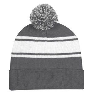 Two-Tone Knit Pom Beanie With Cuff - Gray