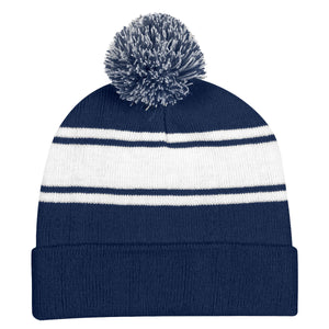 Two-Tone Knit Pom Beanie With Cuff - Navy Blue