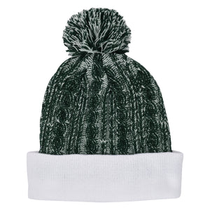 Casey Cable Knit Pom Beanie With Cuff - Forest Green