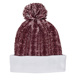 Casey Cable Knit Pom Beanie With Cuff - Maroon