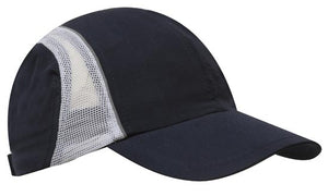 4 Panel Sports Cap with Mesh Inserts and Frabic Covered Touch Strap - Custom Embroidered - Navy With White