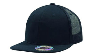 6 Panel Mesh Back Cap with Flat Peak - Custom Embroidered - Black