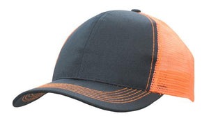 6 Panel Mesh Back Cap Breathable P-Twill - Custom Embroidered - Navy With Orange