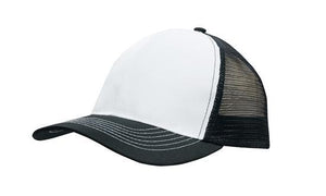 6 Panel Mesh Back Cap Breathable P-Twill - Custom Embroidered - White With Black