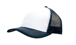 6 Panel Mesh Back Cap Breathable P-Twill - Custom Embroidered - White With Navy