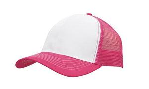 6 Panel Mesh Back Cap Breathable P-Twill - Custom Embroidered - White With Pink