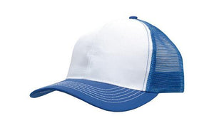 6 Panel Mesh Back Cap Breathable P-Twill - Custom Embroidered - White With Royal