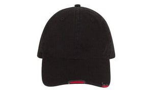 6 Panel Chino Cap with Distressed Peak - Custom Embroidered - Black With Red