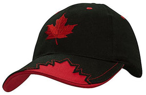 6 Panel Brushed Cotton Cap with Maple Leaf On Peak - Custom Embroidered - Black With Red