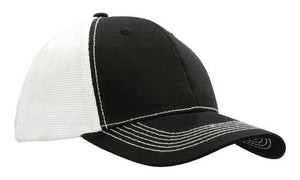 6 Panel Chino Twill Cap with Hi-Tech Mesh - Custom Embroidered - White With Black