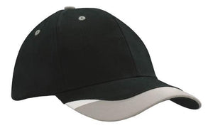 6 Panel BHC Cap with Peak Indent & Print - Custom Embroidered - Black With Gray And White