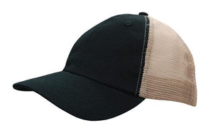 6 Panel Washed Chino Soft Mesh Back Cap - Custom Embroidered - Black And Khaki