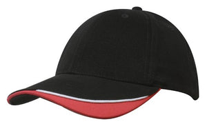6 Panel HBC Cap with Peak Indent & Sandwich - Custom Embroidered - Black With White And Red