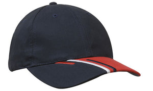 6 Panel Brushed Cotton Cap 3 Colour Peak - Custom Embroidered - Navy With White And Red