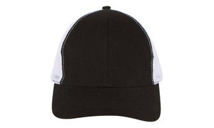 6 Panel Brush Cotton Cap with Mesh Back - Custom Embroidered - Black With White