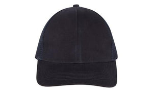 6 Panel Brush Cotton Cap with Mesh Back - Custom Embroidered - Navy
