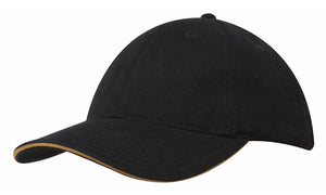 6 Panel Brush Heavy Cotton Sandwich Peak Cap - Custom Embroidered - Black With Gold