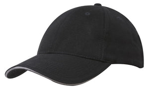 6 Panel Brush Heavy Cotton Sandwich Peak Cap - Custom Embroidered - Black With White