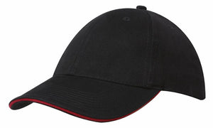 6 Panel Brush Heavy Cotton Sandwich Peak Cap - Custom Embroidered - Black With Red