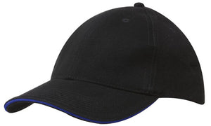 6 Panel Brush Heavy Cotton Sandwich Peak Cap - Custom Embroidered - Black With Royal
