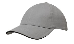 6 Panel Brush Heavy Cotton Sandwich Peak Cap - Custom Embroidered - Gray With Black