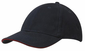 6 Panel Brush Heavy Cotton Sandwich Peak Cap - Custom Embroidered - Navy With Red