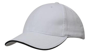 6 Panel Brush Heavy Cotton Sandwich Peak Cap - Custom Embroidered - White With Black