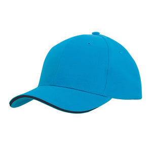 6 Panel Brush Heavy Cotton Sandwich Peak Cap - Custom Embroidered - Cyan With Navy