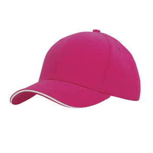 6 Panel Brush Heavy Cotton Sandwich Peak Cap - Custom Embroidered - Pink With White