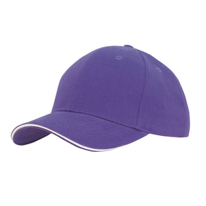 6 Panel Brush Heavy Cotton Sandwich Peak Cap - Custom Embroidered - Purple With White
