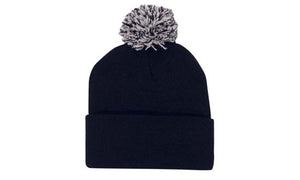 Knitted Acrylic Beanie with Pom Pom - Custom Embroidered - Black With White