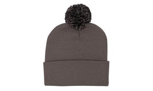 Knitted Acrylic Beanie with Pom Pom - Custom Embroidered - Charcoal With Black