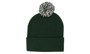 Knitted Acrylic Beanie with Pom Pom - Custom Embroidered - Bottle Green With White