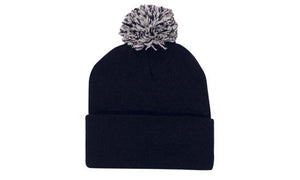 Knitted Acrylic Beanie with Pom Pom - Custom Embroidered - Navy With White