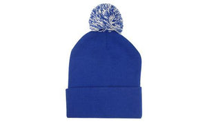 Knitted Acrylic Beanie with Pom Pom - Custom Embroidered - Royal With White