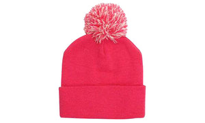 Knitted Acrylic Beanie with Pom Pom - Custom Embroidered - Pink With White