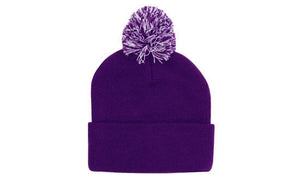 Knitted Acrylic Beanie with Pom Pom - Custom Embroidered - Purple With White
