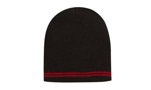 Skull Acrylic Beanie with - Stripes - Custom Embroidered - Black With Red