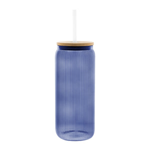 20 Oz. Ribbed Glass Can with Bamboo Lid - Translucent Blue