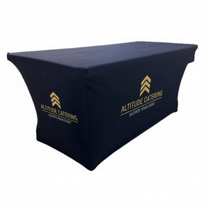 6’ Sublimated Table Cloth, Stretch Curved Fit, 3 Sided, Open Back