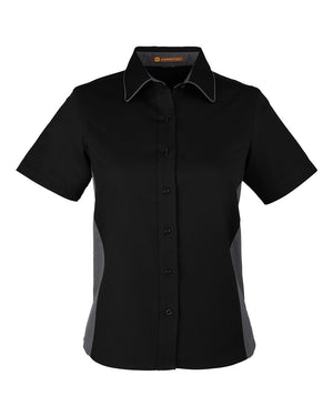 Harriton Ladies' Flash IL Colorblock Short Sleeve Shirt - Black/ Dark Charcoal