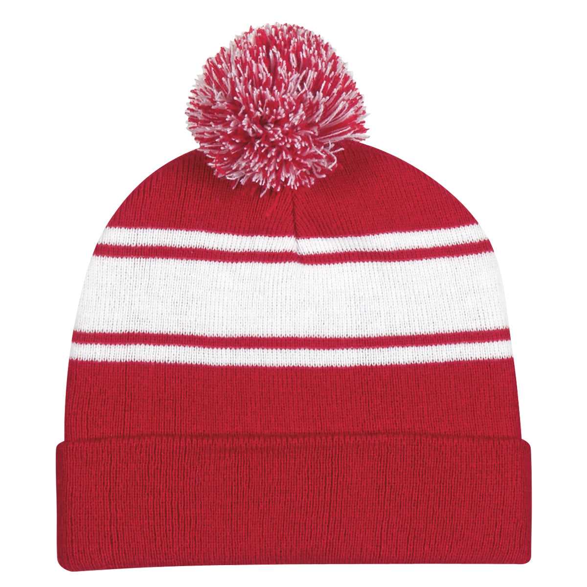 Two-Tone Knit Pom Beanie With Cuff - Red