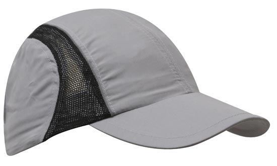 4 Panel Sports Cap with Mesh Inserts and Frabic Covered Touch Strap - Custom Embroidered - Gray With Black