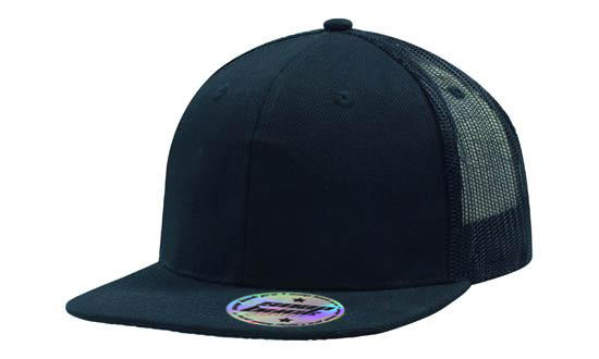 6 Panel Mesh Back Cap with Flat Peak - Custom Embroidered - Black