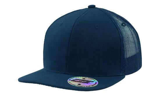 6 Panel Mesh Back Cap with Flat Peak - Custom Embroidered - Navy