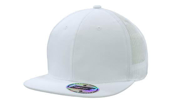 6 Panel Mesh Back Cap with Flat Peak - Custom Embroidered - White