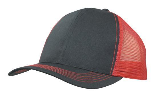 6 Panel Mesh Back Cap Breathable P-Twill - Custom Embroidered - Black With Red
