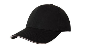 6 Panel Chino Twill Cap with Sandwich - Custom Embroidered - Black With White