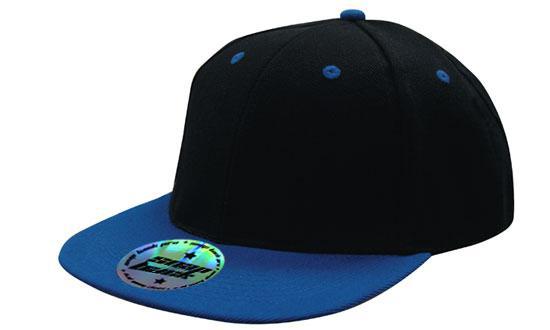 6 Panel Two Tone Flat Peak Cap - Custom Embroidered - Black With Royal