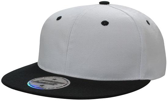 6 Panel Two Tone Flat Peak Cap - Custom Embroidered - White With Black